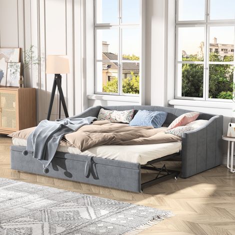 Letti con letti estraibili 90/180x200 cm, velluto, Divano letto trasformabile, rete a doghe, giroletto, Schienale confortevole, Letti con letti estraibili, Letto per adulti - Grigio (1/5)