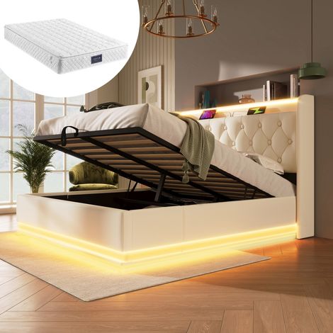 Lit combiné coffre 140x200 Lit double, éclairage LED 360°, application & télécommande, tête de lit USB-C, hydraulique, blanc (avec matelas) (1/5)