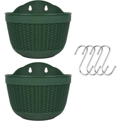 Lot de 2 pots de fleurs suspendus d'extérieur en plastique pour balcon, clôture, pots de fleurs muraux avec drainage et 4 crochets (1/5)
