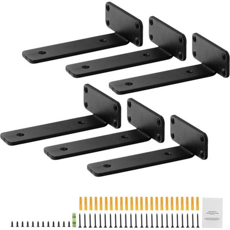 6 sturdy floating shelf brackets, matte black, 5 mm thick, with integrated support, T-shaped shelf bracket, short side bracket.