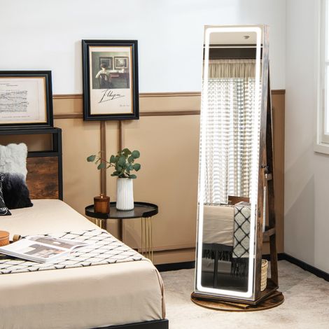 Armoire à Bijoux avec Miroir sur Pieds Pivotant 360° Grand Miroir Psyché Sans Cadre avec LED Verrouillable Placard Beauté 3 Étagères Café Maison Chic (1/4)