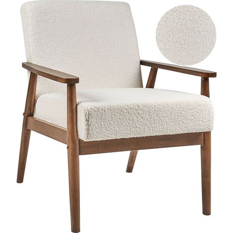 Poltrona retrò da salotto Rivestimento in boucle Struttura in legno scuro Esrum bianco sporco