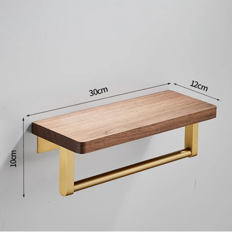 Étagère de rangement murale en noyer (plat avec barre - 30 cm) avec miroir, fixation murale monobloc sans perçage, pour salle de bain. Organisateur de serviettes quotidien. (1/5)