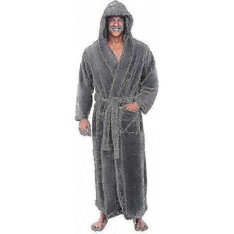 Langer Herrenbademantel mit Kapuze, im Stil eines Spa-Hotels, aus weichem Fleece-Frottee, Erwachsenengröße, ideal für entspannende Bäder. (1/5)