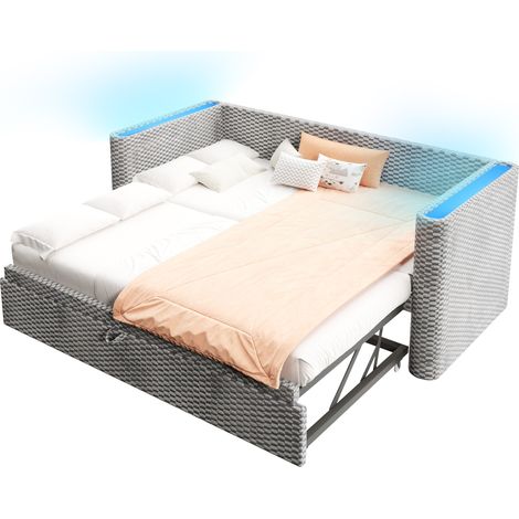 Lit de jour, canapé-lit, 90 × 200 cm, 180 × 200 cm, design de lit gigogne multifonction avec bande lumineuse LED, sommier à lattes (sans matelas), velours, gris (1/5)