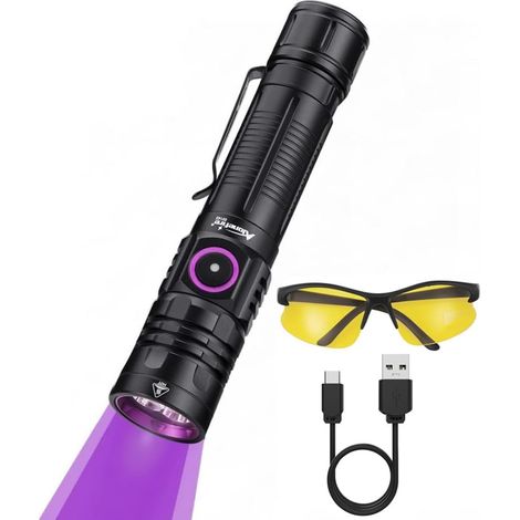 Linterna LED UV SV143 (395 nm, 10 W), recargable vía USB-C, luz negra UV, detector de orina para resina, pesca, escorpiones, minerales, ámbar, con gafas de protección UV y batería. (1/5)