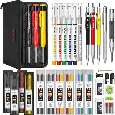 39 crayons chantier, crayons de charpentier mécaniques avec 102 recharges, Marqueurs à pointe longue, Outil de traçage en carbure et Crayons de construction pour architecte et menuisier (1/5)