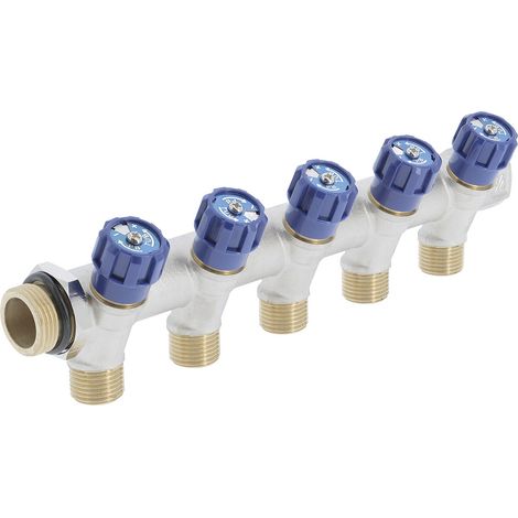 Collecteur mâle-femelle 3/4'' (20/27), 5 départs mâle 1/2'' (15/21), vanne bleue, pour sanitaire