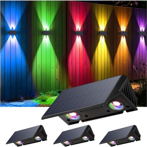 Applique Solaire Extérieur, Nouvelle Génération 2026 Haut & Bas Applique Murale Solaire Blanc RGB 1500mAh Lampe Solaire Murale Extérieur IP67 Étanche 4 Articles 100 Lumens pour Clôture Jardin [Classe (1/5)