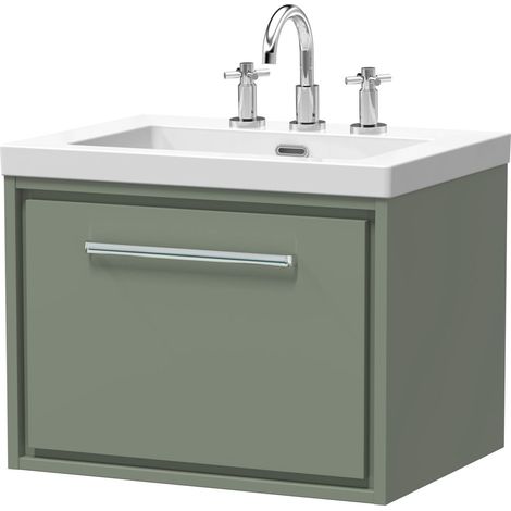 Balterley Longnor Modern Bathroom 1 Soft Close Drawer Wall Hung Vanity Unit Fireclay Basin, Fern Green, 600mm