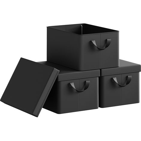 Lot de 3 Boîte de Rangement WOLTU, 38x27x20 cm, avec Couvercle, Coffre de Rangement en Tissu non Tissé, Pliable, Noir