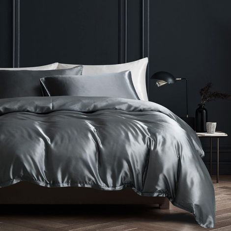 Bettwäsche-Set Satin 155x220cm Dunkelgrau mit 2 Kissenbezügen 80x80cm