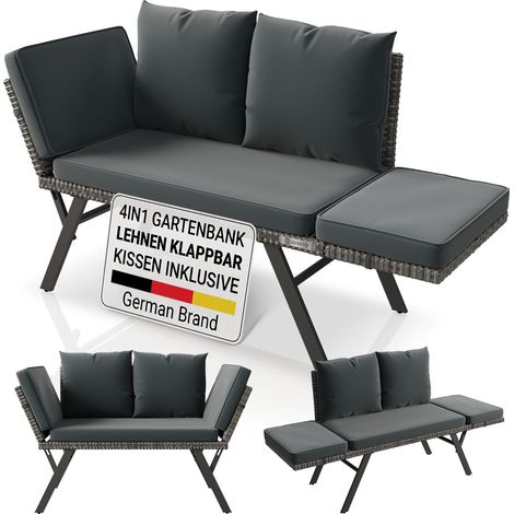 JUSKYS® Gartenbank Calvia Grau-meliert/Grau - klappbare Polyrattan Gartensofa inkl. Kissen, Multifunktionsbank mit 240 kg Belastbarkeit