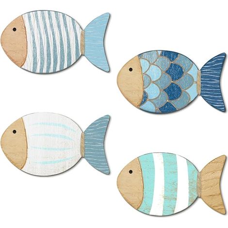 Décoration Murale Poissons Bleu Pastel Poissons Style Bord de mer MDF Bois déco Marine Coastal pour Salle de Bain WC entrée Salon Chambre Enfant Maison Vacances (1/5)