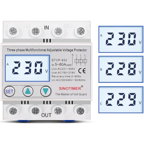 AC 380V 80A Three-Phase Industrial Adjustable Surge Protector, Self-Recovery Over and Under Voltage Protective Device (80A) (1/4)