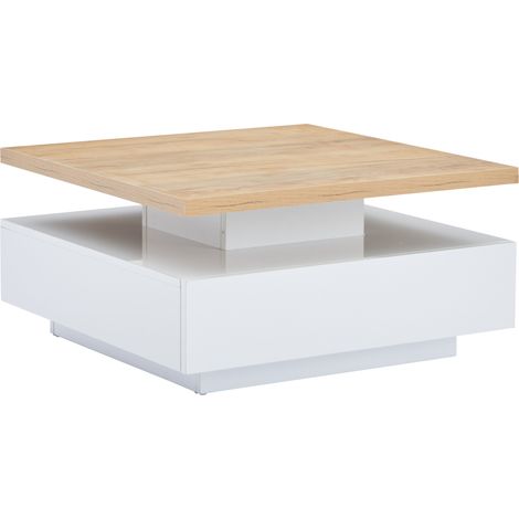 Mesa de centro cuadrada giratoria 360° con cajón, blanco brillo y nogal, 70 x 70 x 36 cm (1/5)