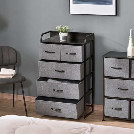 Commode Meuble de Rangement 5 tiroirs Pliables en Tissu 58 x 29 x 99 cm Gris (1/5)