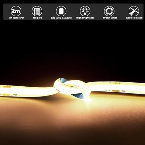 Ruban LED COB 24V étanche blanc chaud 3000K 2m, Bande LED COB IP65 Dimmable 320LEDs/m chambre cuisine maison décoration intérieure, alimentation non incluse (1/4)