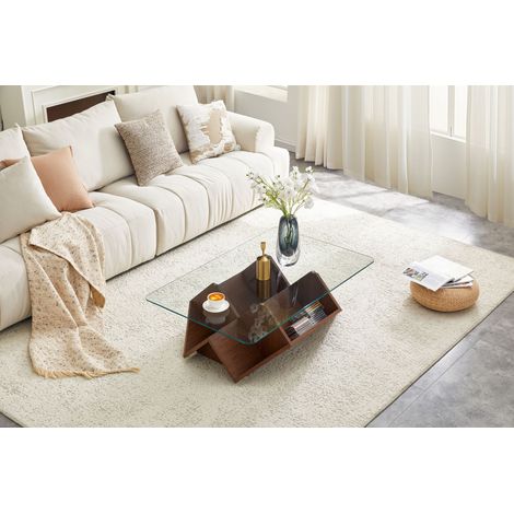 Mesa de centro con almacenamiento abierto, tablero de vidrio templado, estructura de MDF color nogal, para sala de estar u oficina. (1/3)