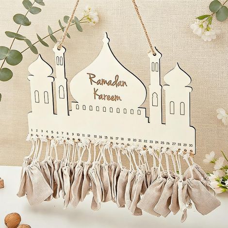 Calendario del Ramadan in legno, calendario del conto alla rovescia del Ramadan con 30 sacchetti di stoffa, calendario del conto alla rovescia in legno, decorazione per la casa per il Ramadan e l'Eid, (1/5)