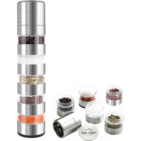 Ensemble d'épices de voyage 1 pièce, pots à épices empilables en acier inoxydable, mini pots à épices avec moulin à épices, idéal pour les voyages, le camping et la cuisine. (1/5)