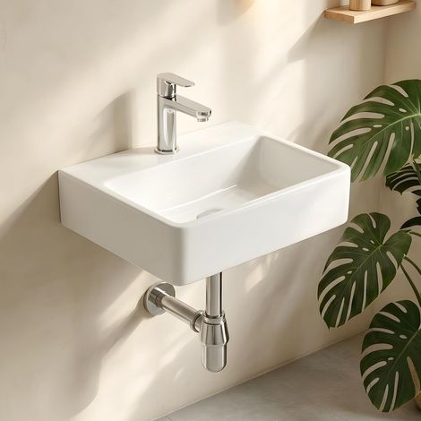 Petit lavabo rectangulaire avec trou de robinet latéral, mini lavabo en céramique, lavabo à main, salle de bain, lavabo pour invités, 33 x 29 x 11 cm (1/5)