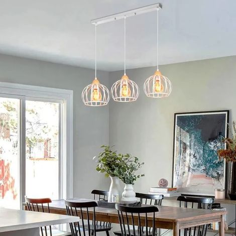 Lampe Suspension - - Vintage - Métal et Bois - E27 - 3 Ampoules - Blanc (1/5)
