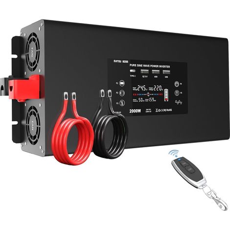 Convertisseur 24v 220v Pur Sinus 2000W，Transformateur 4000W Crête, Onduleur avec 2 Prises UE, 4 USB Ports (1x QC3.0, 1x USB-C, 2x USB-A), Télécommande, Écran LCD，pour Voiture, Camion, Camping (1/5)
