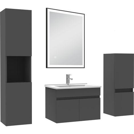 AICA Meuble simple vasque 60cm avec colonne et miroir lumineux 3 couleurs et dimmable anthracite (1/5)