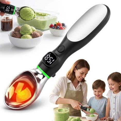 Cuchara para helado con calefacción, con pantalla LED, 3 niveles de calor (50 °C/60 °C/70 °C), Batería recargable, Fácil de limpiar, Color negro (1/5)
