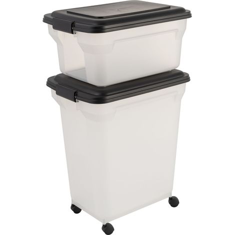 Iris Ohyama, Conteneur / boite à croquettes, set de 2, 20 L & 45 L pour 7,5 & 15 kg hermétique, pelle & roulettes incluses pour croquettes pour chien & chat - Air Tight Food Container ATS-C, Noir