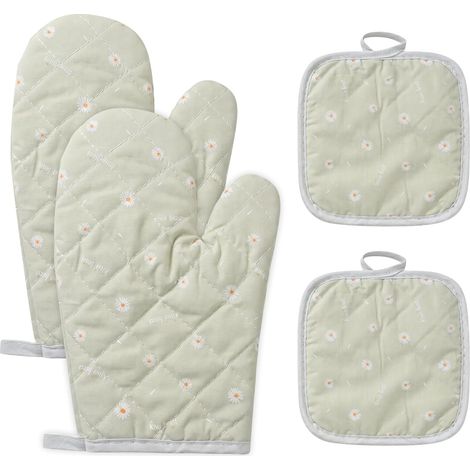 Gants de Four 1 Paire + 2 Maniques Cuisine en Coton Lavable Gant Cuisine Four Antidérapant Gant de Cuisine Anti Chaleur pour Barbecue Cuisson Patisserie (1/5)