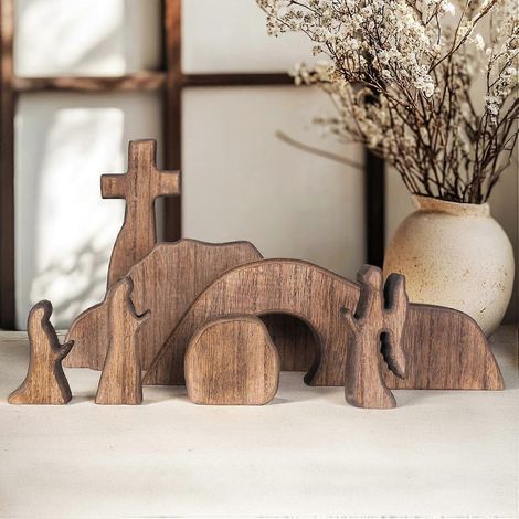 Nouvelle scène de Pâques représentant un tombeau vide et une croix, décoration en bois représentant la Résurrection de Pâques ( ) (1/5)