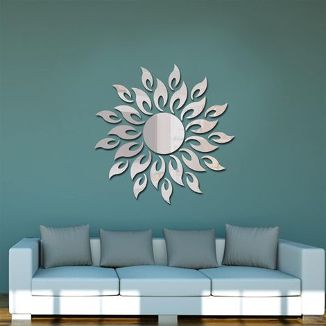 Autocollant mural miroir 3D tournesol, motif soleil, autocollant mural, fleur ronde, tournesol, acrylique amovible (argent)