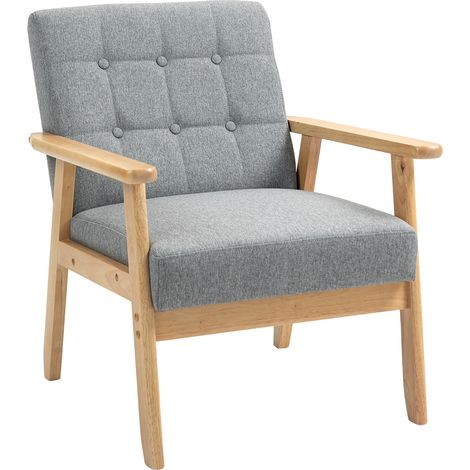 Fauteuil, rembourré, charge max 130 kg, en lin, bois, gris clair, pour salon, assise confortable, moment détente, format pratique