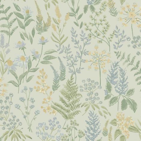 Blue Floral Sprig Wallpaper Holden Flower Natural Yellow Green Botanical (1/4)