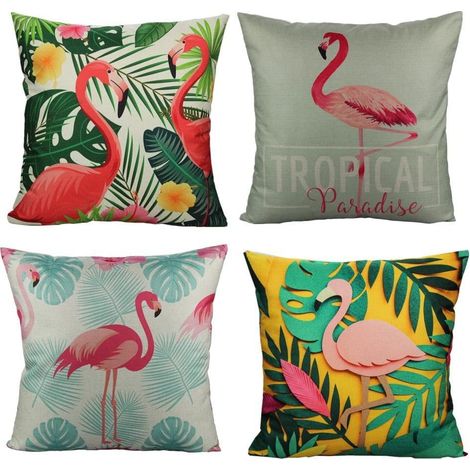 Housses de coussin décoratives 45x45cm pour l'extérieur, le printemps, l'été, le lit, le canapé, la chambre ou le bureau (lot de 4), motif flamant rose tropical. (1/5)