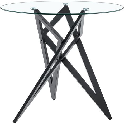 Table basse ronde de salon plateau verre trempé et pieds métal géométrique noir Ø 85 cm (1/5)