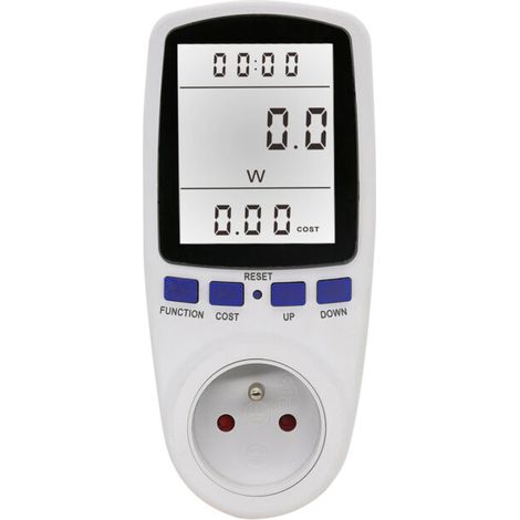 Weiße Steckdose mit Energiezähler, LCD-Anzeige, 16 A, 230 V, 50 Hz, Stromverbrauch, Stromstärke, Spannung, maximale Leistung (1/4)