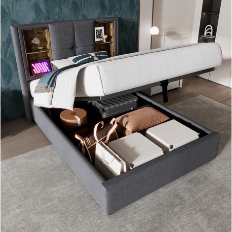 Cama tapizada 90/200 cm gris de algodón con carga inalámbrica y arcón (1/5)