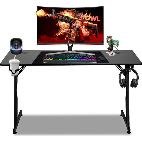 SWANEW Scrivania da gioco Tavolo da gioco 140x60cm per PC Gamer con tappetino per mouse, portabicchieri e gancio adatto all'ufficio di casa - senza LED (1/5)