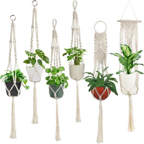 Ensemble de 6 supports pour plantes en macramé faits main - Porte-plantes en corde de coton avec 4 pieds et 4 styles différents - Support décoratif pour pots de fleurs à suspendre (1/5)