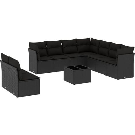 Set Divani da Giardino 10pz con Cuscini in Polyrattan Nero vidaXL (1/3)