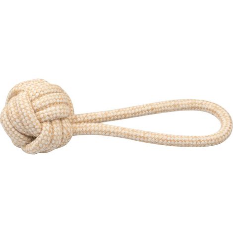 Gioco per cani a forma di palla da 8 cm con tirante in corda lunghezza complessiva 21 cm