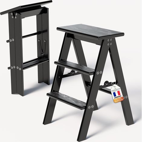 Escabeau 3 Marches Pliable, Tabouret Pliant en Bois, Chaise-échelle Pliante, escalier Robuste et antidérapant pour la Maison, la Cuisine et Le Bureau (Noir K1) (1/5)