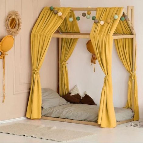 Rideau de lit occultant double couche en crêpe de coton pur, style nordique, pour lit d'enfant et bébé, jaune, 120 x 350 cm (1/3)