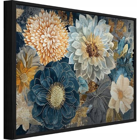 Peinture sur métal dans un cadre noir fleurs abstraites salon chambre 120x80 (1/3)