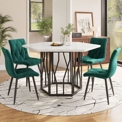 Ensemble table et chaises salle à manger 115,10x100, design moderne hexagonal plateau marbre blanc, chaises velours vert (1/5)