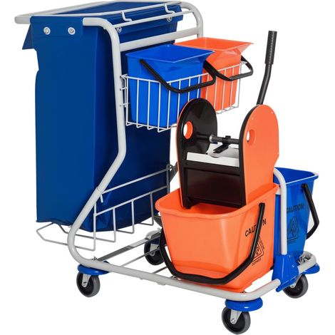 Chariot de ménage professionnel avec presse essoreuse, 2 seaux 18L, 2 bacs 6L, sac poubelle, plastique, 93x80x97 cm (1/5)