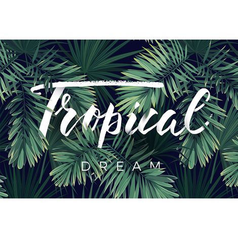 Papier peint panoramique tropical avec lettrage | Tapisserie panoramique exotique verte pour salon | Papier peint panoramique chambre ado - 267 x 400 cm (4 pièces) (1/2)